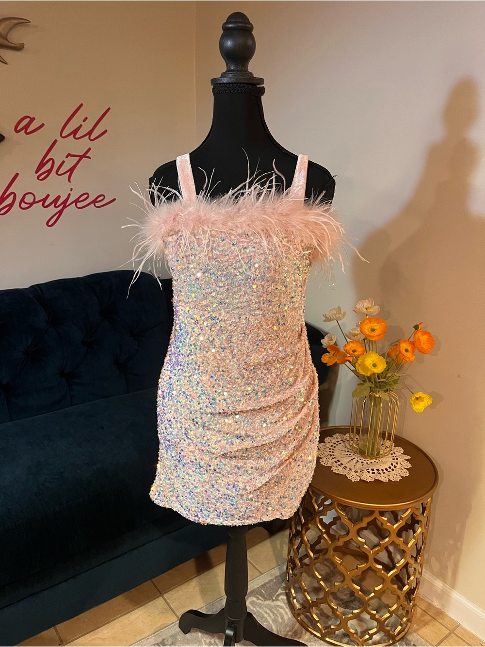 Poppies and Roses Girls Pink Sequin Dress with Feather Trim - Formal Party Dress
